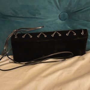 YVES SAINT LAURENT Elegant & Sexy Black Velvet Clutch w/ Leather Lace-Up Detail.